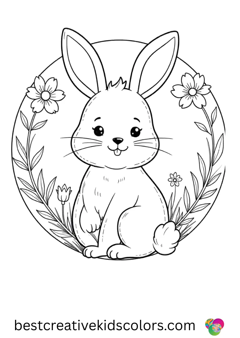 Simple bunny mandala with spring flowers shows a bunny hopping in a circular path while flowers bloom around.