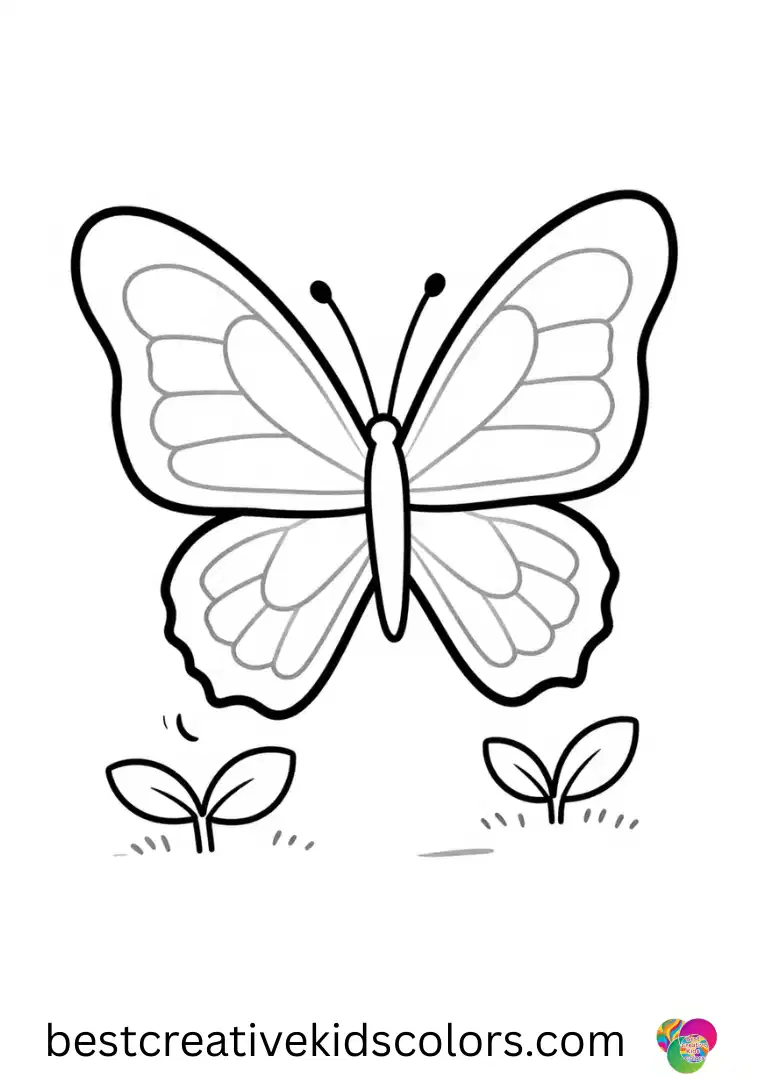 A rabbit waters sprouts next to Simple butterfly coloring pages printable in a tidy garden row