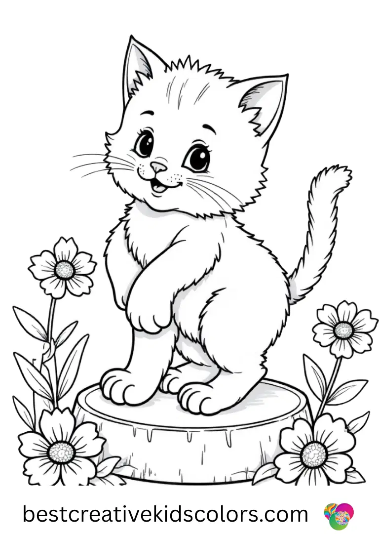 A fluffy kitten tiptoes across stepping stones in Simple cat coloring pages beside blooming daisies.