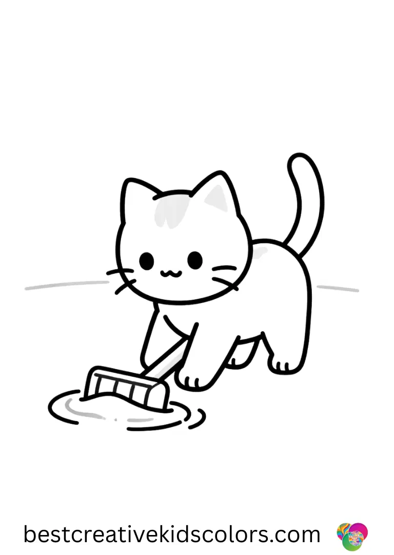 A gentle kitten rakes sand into smooth waves in Simple cat colouring pages on a quiet beach.
