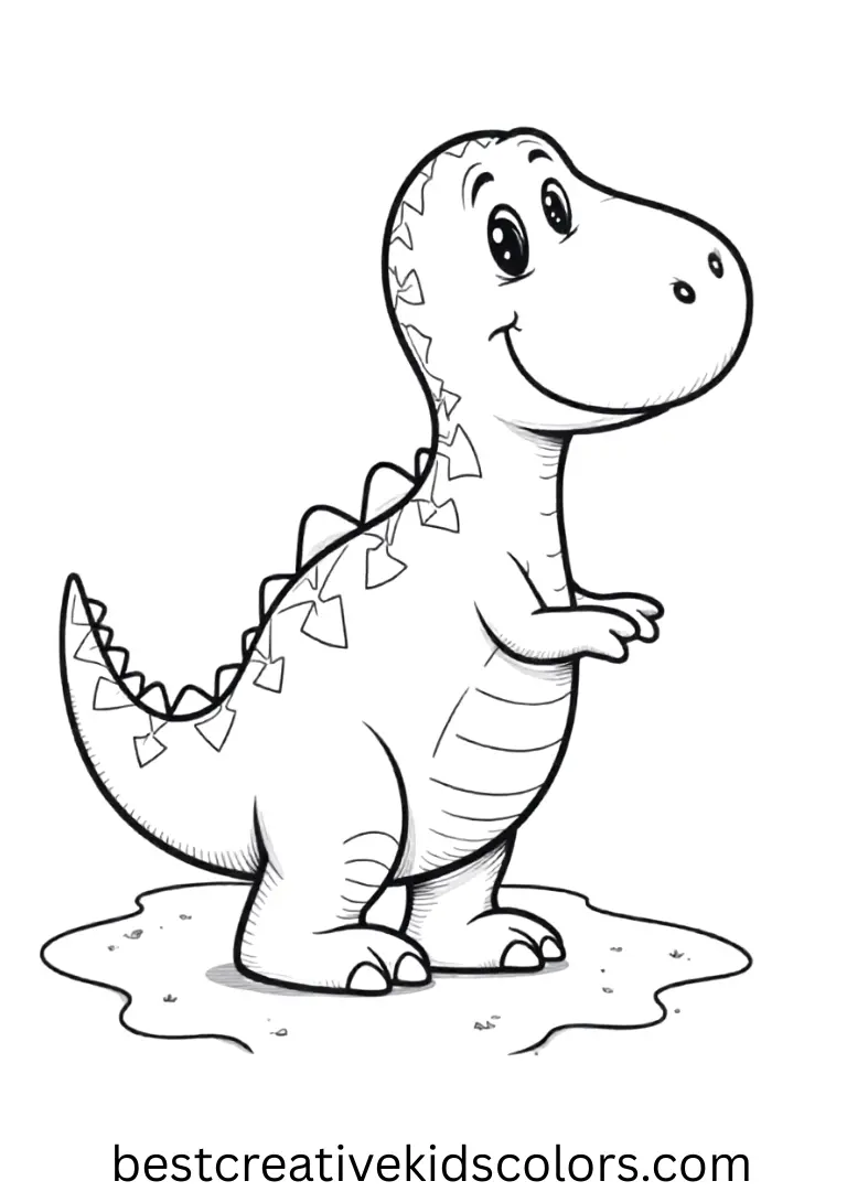 Simple dinosaur coloring pages shows a friendly dinosaur tracing wavy lines in soft sand.