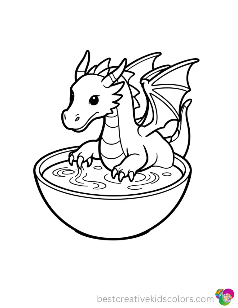 A dragon traces miniature water patterns in a bowl with gentle claws in Simple dragon coloring pages for adults.