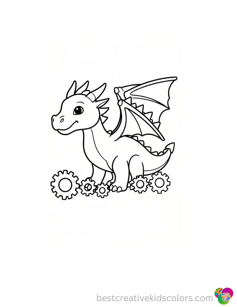 Simple dragon coloring pages pdf free depicts a dragon lining up tiny wooden gears by size.