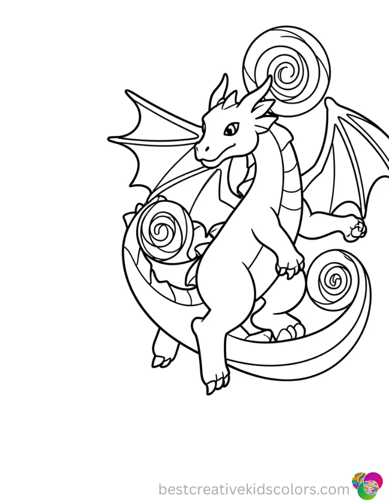 A dragon spins paper spirals into twirling shapes in Simple dragon coloring pages pdf.