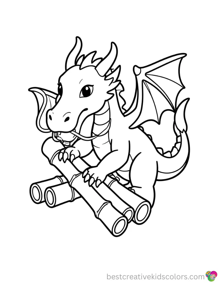 Simple dragon coloring pages printable shows a dragon tapping rhythm on hollow bamboo sticks.