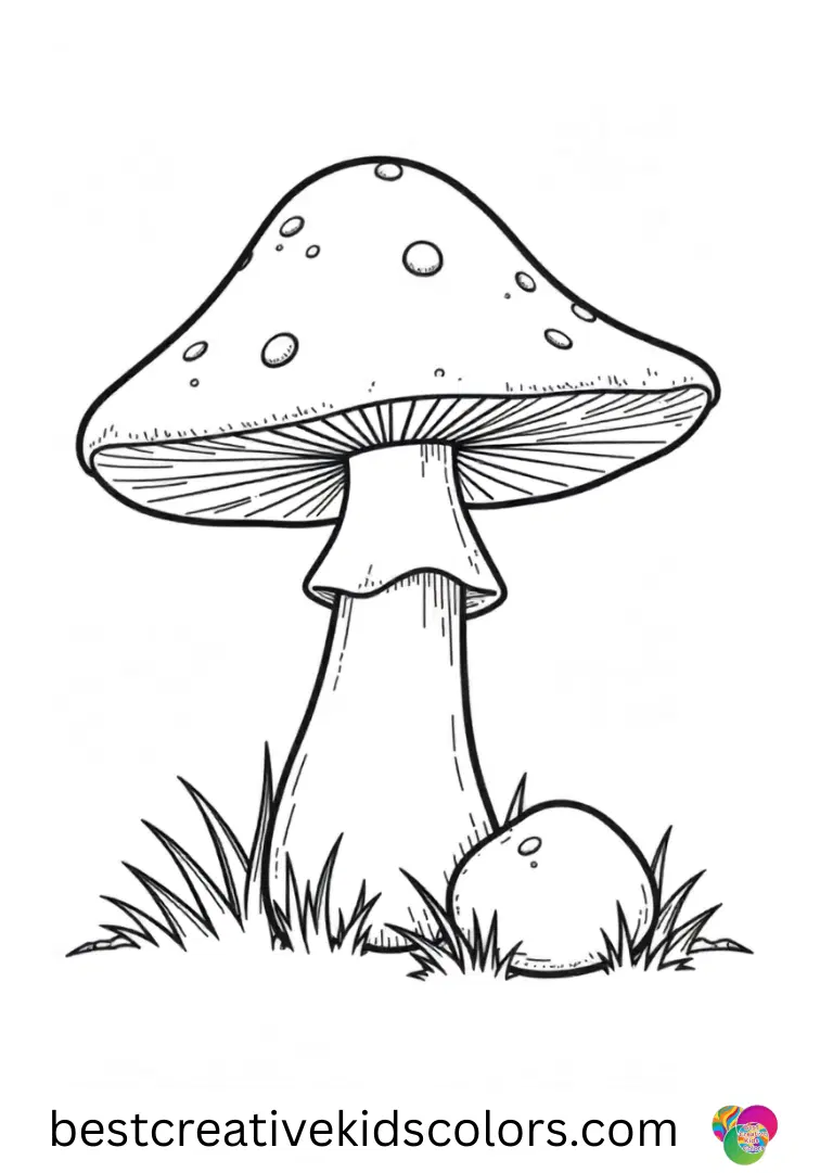 Simple mushroom coloring pages show a mushroom beside a small glowing pebble in the grass.
