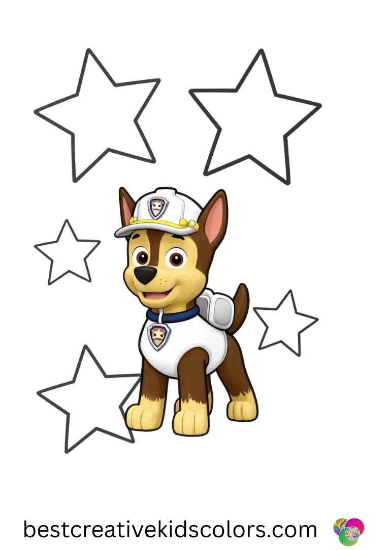 Simple paw patrol painting for kids shows pups decorating large paper stars with bright colors.