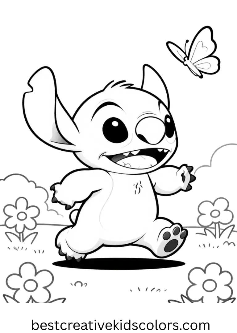 Simple stitch coloring page free printable captures Stitch chasing butterflies in flowers.