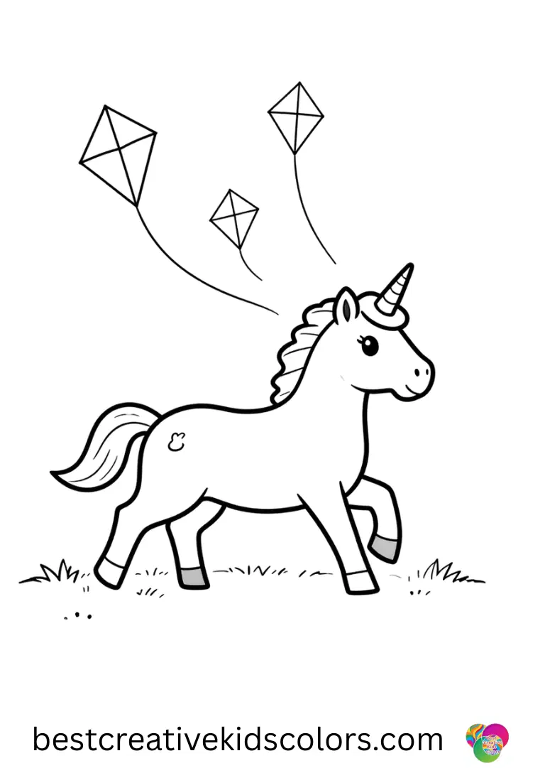 Simple unicorn coloring pages feature a unicorn chasing fluttering paper kites across a wide meadow.