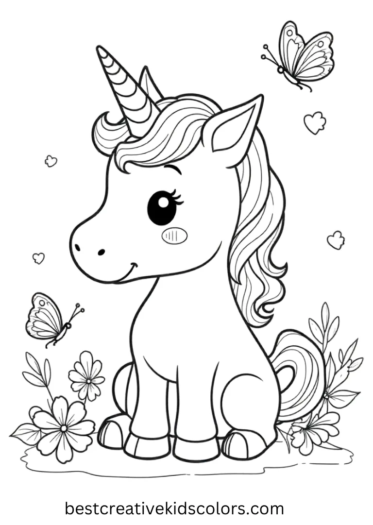 A small unicorn sits quietly as butterflies flutter nearby — a peaceful and charming Unicorn Coloring Page for kids.