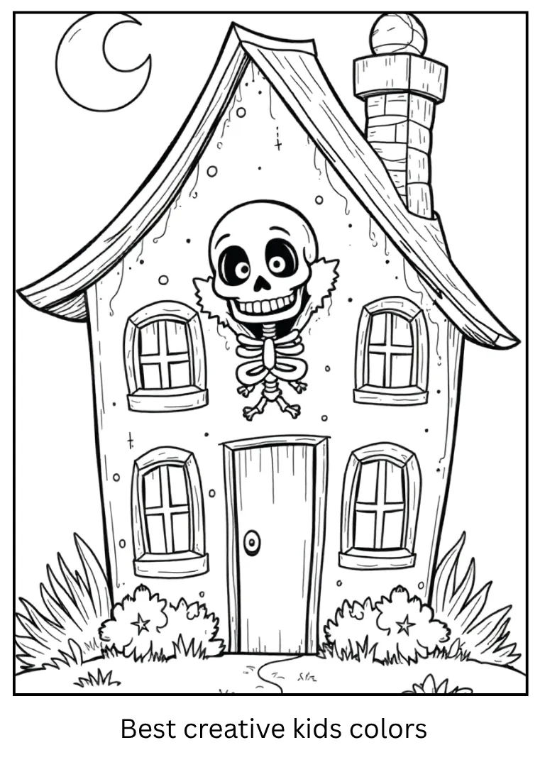 Skeleton in a Haunted House Coloring Page