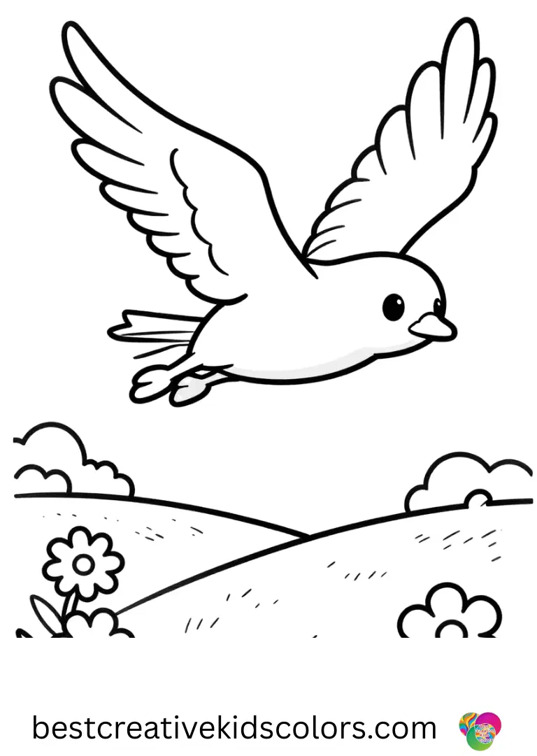 Skye soars above a bright flower meadow in Skye Coloring page free, wings stretched wide.