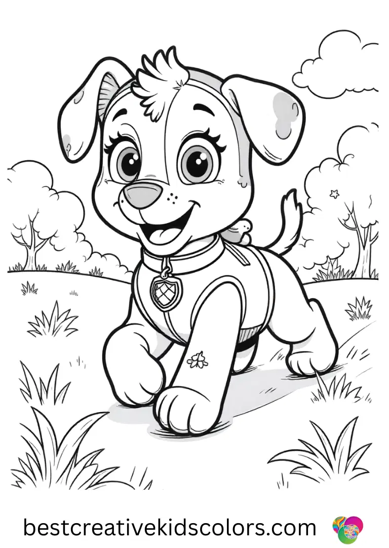 Skye chases floating leaves across a grassy field in Skye Paw Patrol coloring.