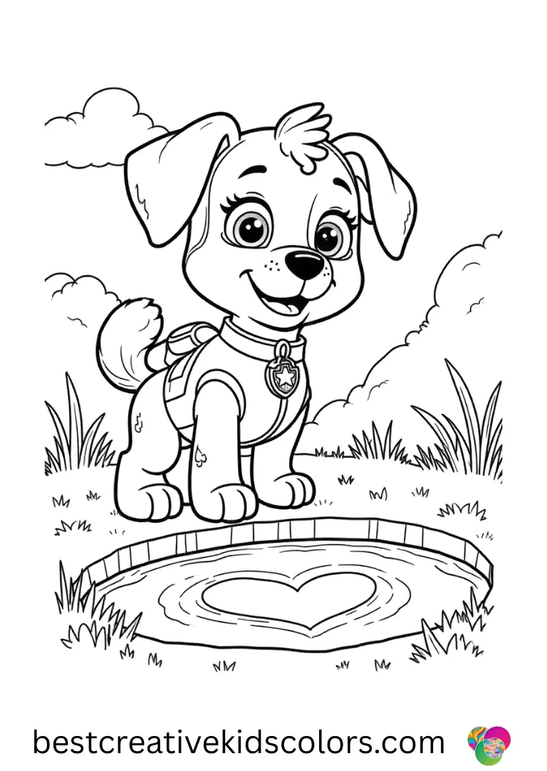 Skye traces a soft pattern in the sand near a small pond in Skye Paw Patrol drawing.