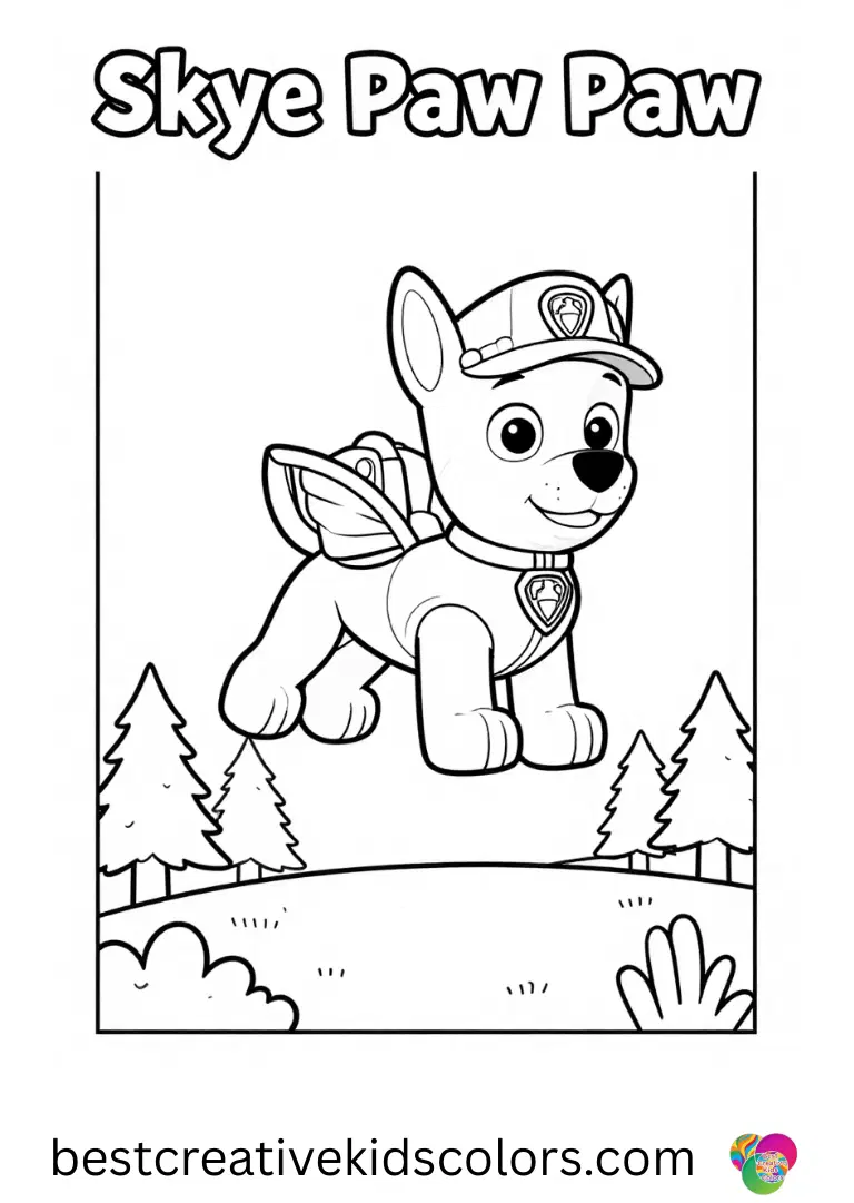 Skye balances mid-air above a calm forest clearing in Skye paw patrol flying pups.