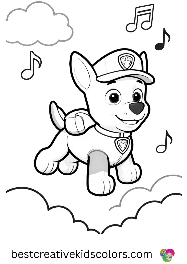 Skye glides past soft clouds as musical notes float around in Skye paw patrol flying song.