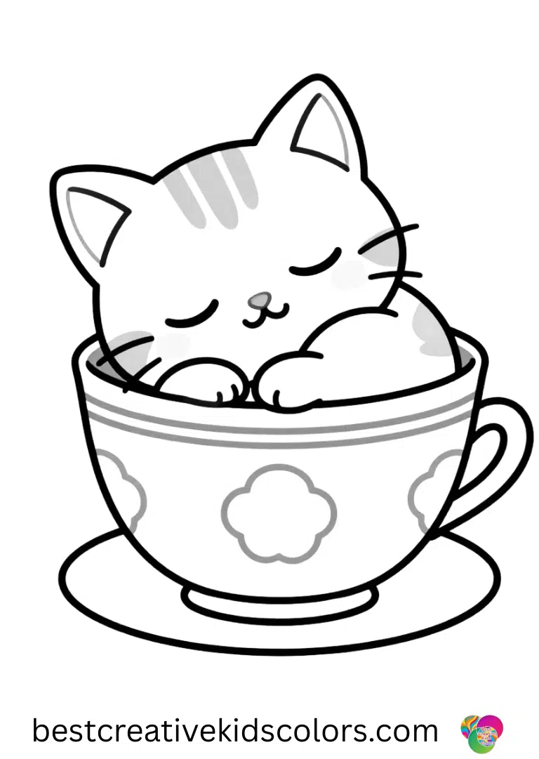 Sleeping kitten coloring page features a kitten napping inside a cozy teacup, peaceful and calm.