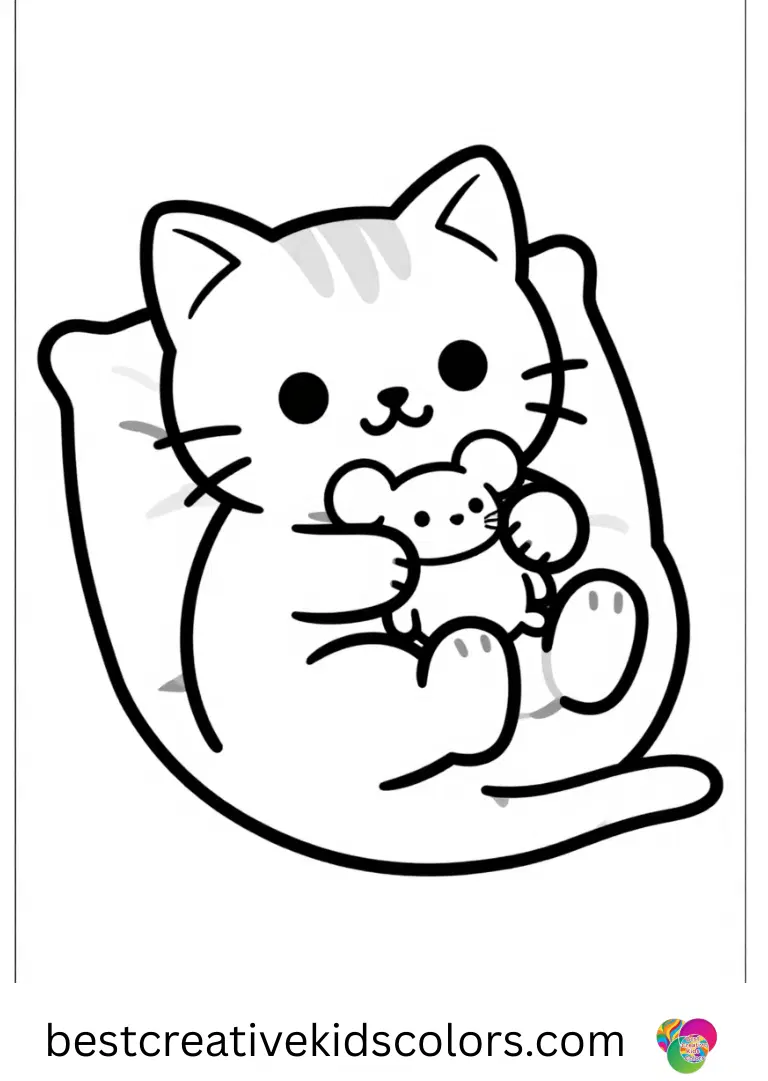 On a fluffy pillow, a kitten curls around a tiny plush mouse in Sleeping kitten on a fluffy pillow coloring pages free.