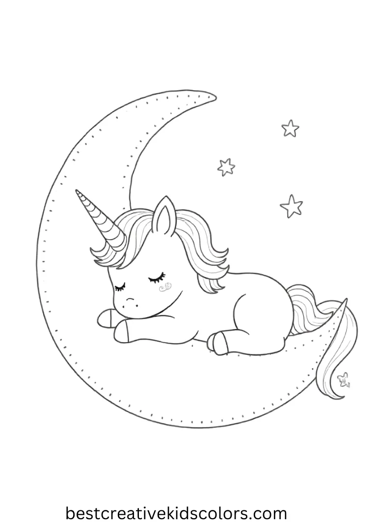 A sleepy unicorn naps peacefully on a soft moon pillow — a calm, simple Unicorn Coloring Page with gentle kawaii vibes.