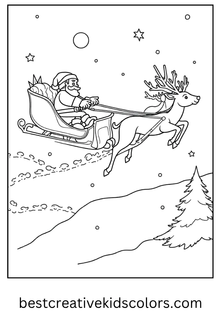 Sleigh Ride Adventure Coloring Page Santa’s sleigh pulled by reindeer flying across the night.