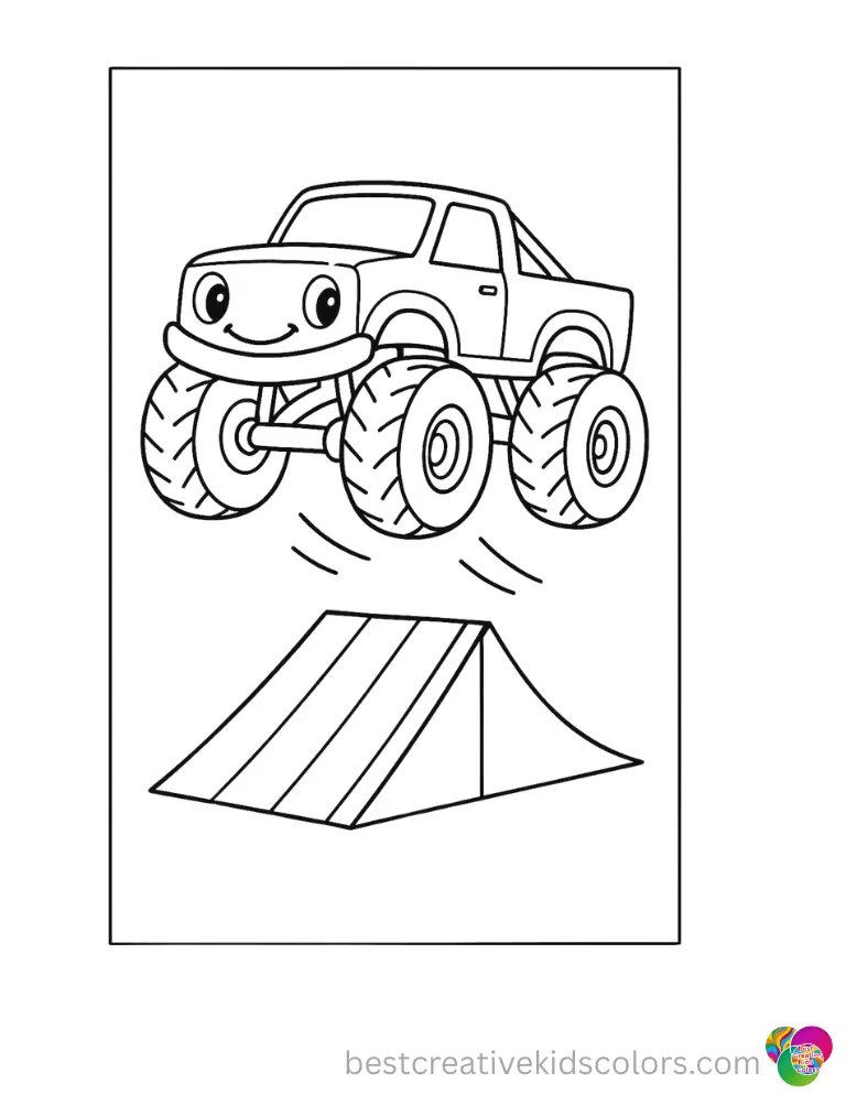 A cheerful truck floats above a ramp. Simple outlines make coloring easy for kids.