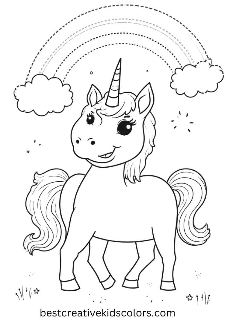 A happy unicorn stands beneath a rainbow with smiling clouds — a joyful, clean-outline Unicorn Coloring Page to print and color.