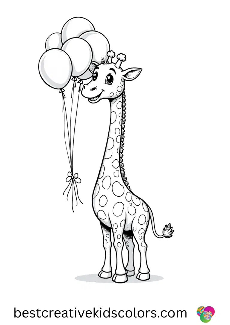 Smiling cute giraffe with colorful balloons coloring pages free features a giraffe bouncing balloons with its nose.