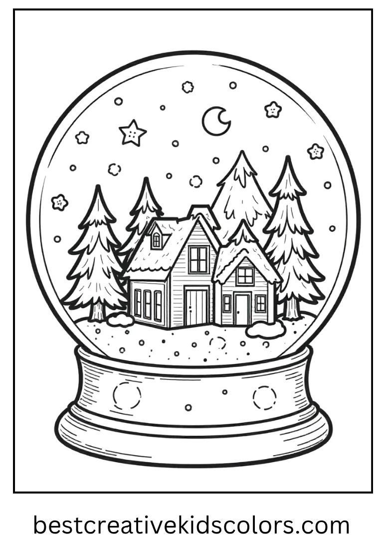Snow Globe Scene Coloring Outline A snowy village inside a magical glass globe.