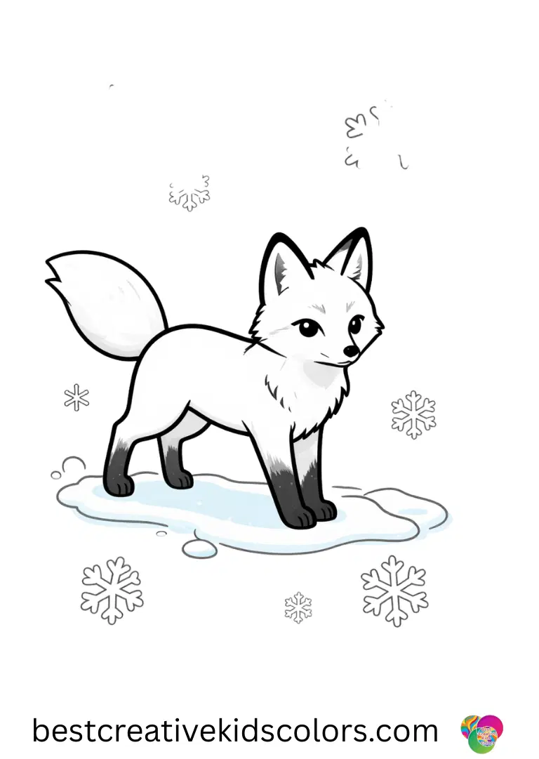 Snow fox coloring pages feature a fox hopping between icy puddles under snowflakes.