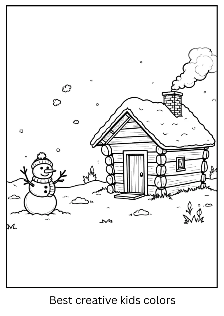 Snowman by Snowy Cabin Scene