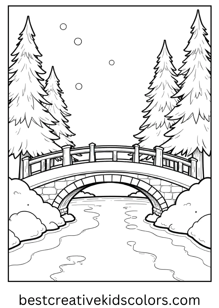 Snowy Bridge and Trees Coloring Sheet Snowy Bridge and Trees Coloring Sheet