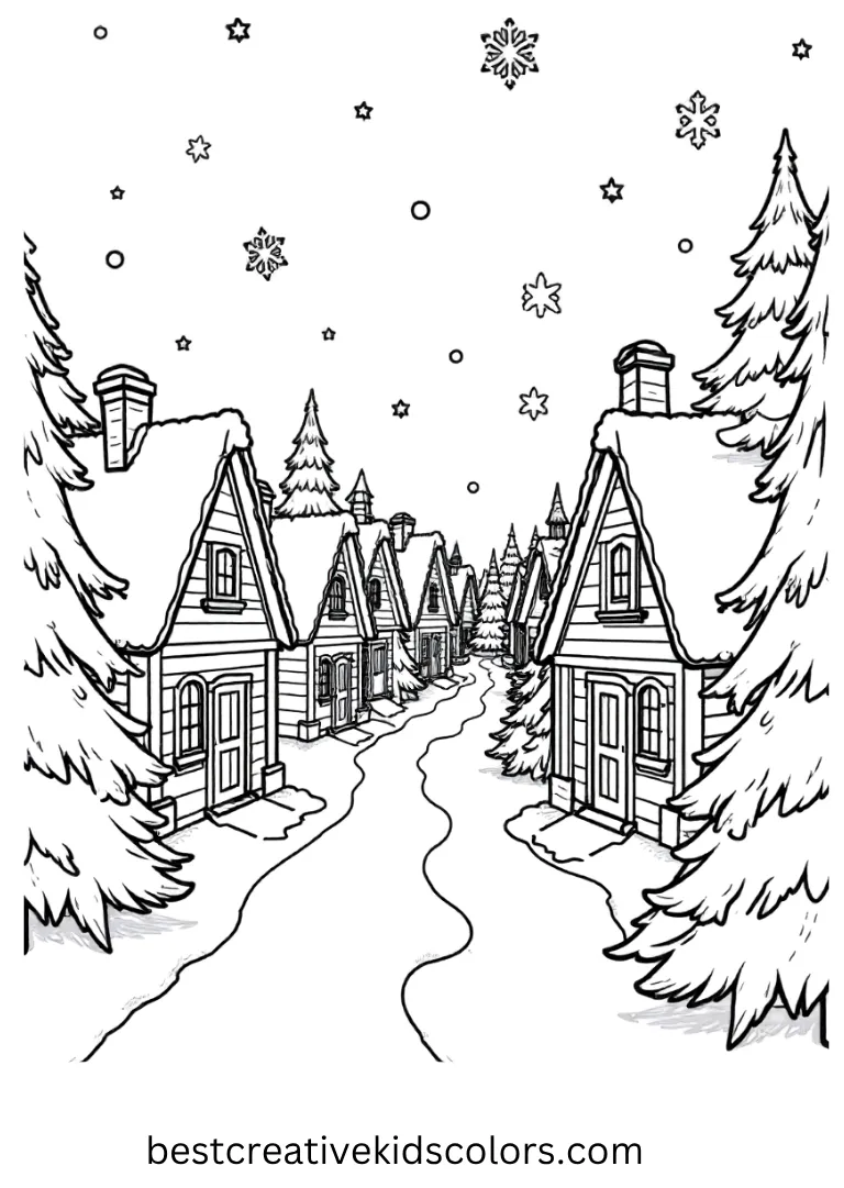 Snowy Christmas Village Disney Coloring Sheet Color a magical Disney Christmas village with kid-friendly Disney Coloring Pages.