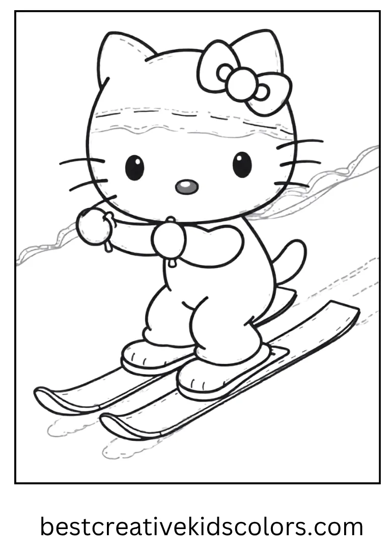Hello Kitty skis down a smooth snowy hill with simple poles and cute goggles.