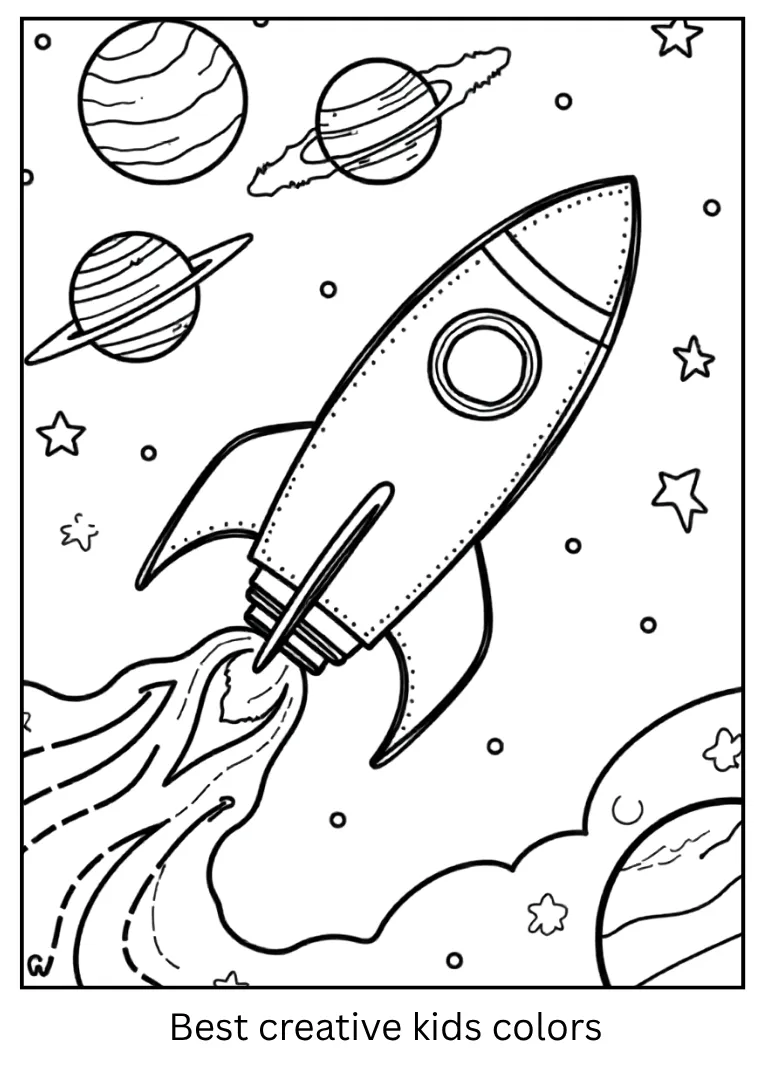 Solar System Coloring Page with Rocket Passing By