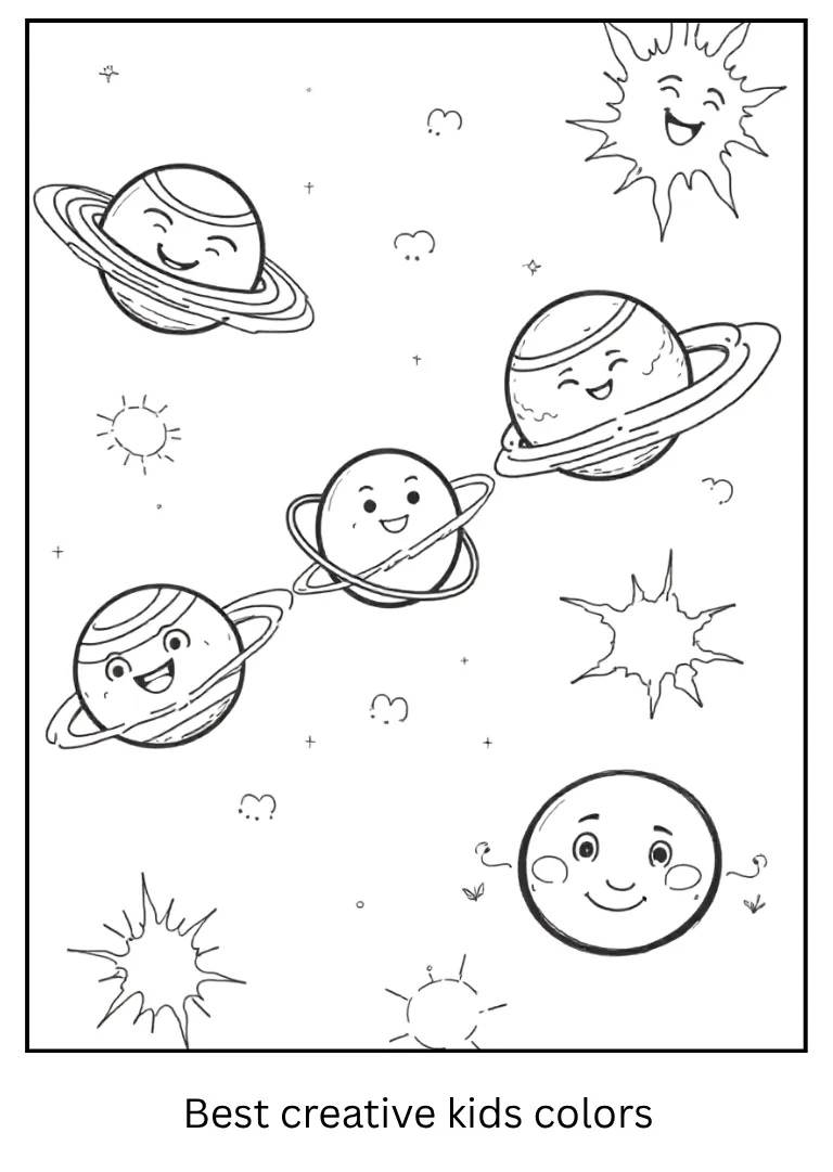 Solar System Coloring Page with Smiling Planets