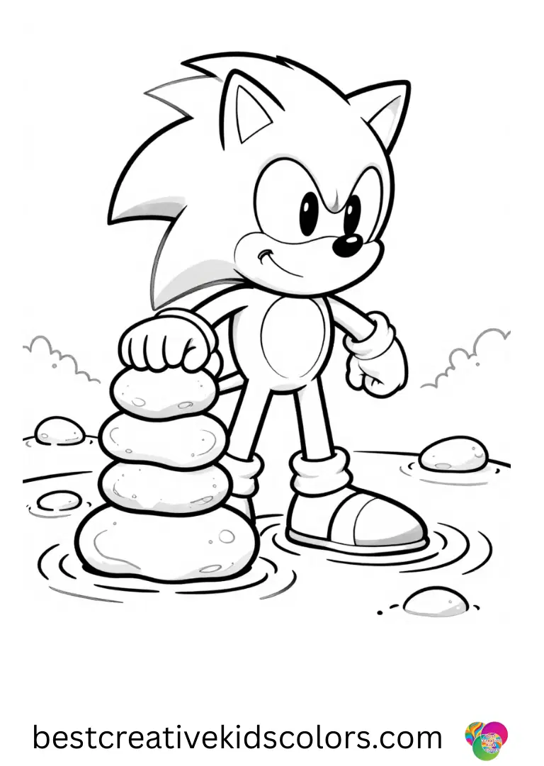 Sonic 3 coloring pages printable shows Sonic stacking stones in a gentle stream with joy.