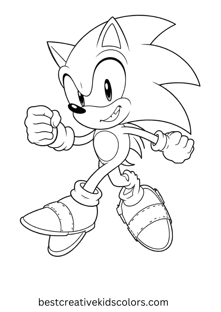 Sonic flies midair with one fist up, looking strong and unstoppable.