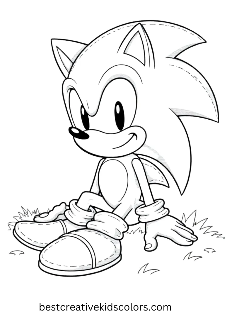Sonic sits relaxed on the grass, simple and fun for small hands.