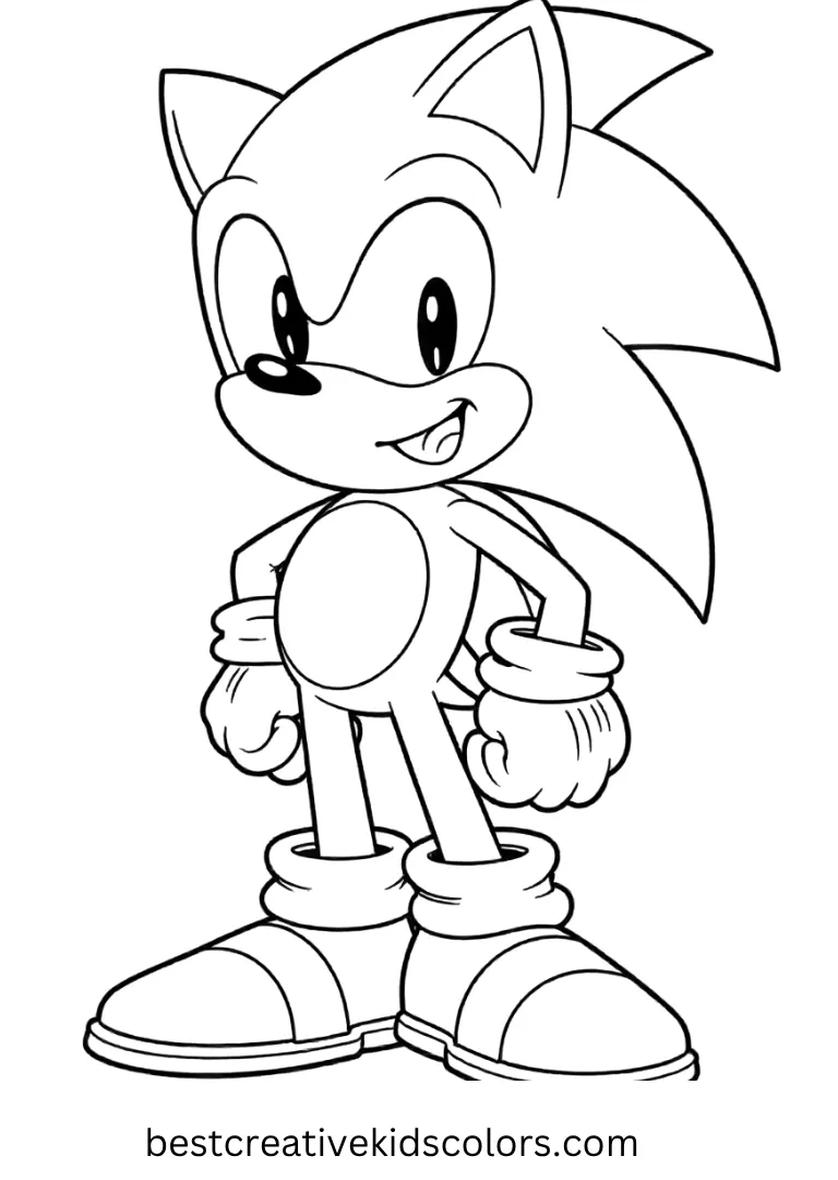 Sonic stands happily with a big smile, ready for fun coloring