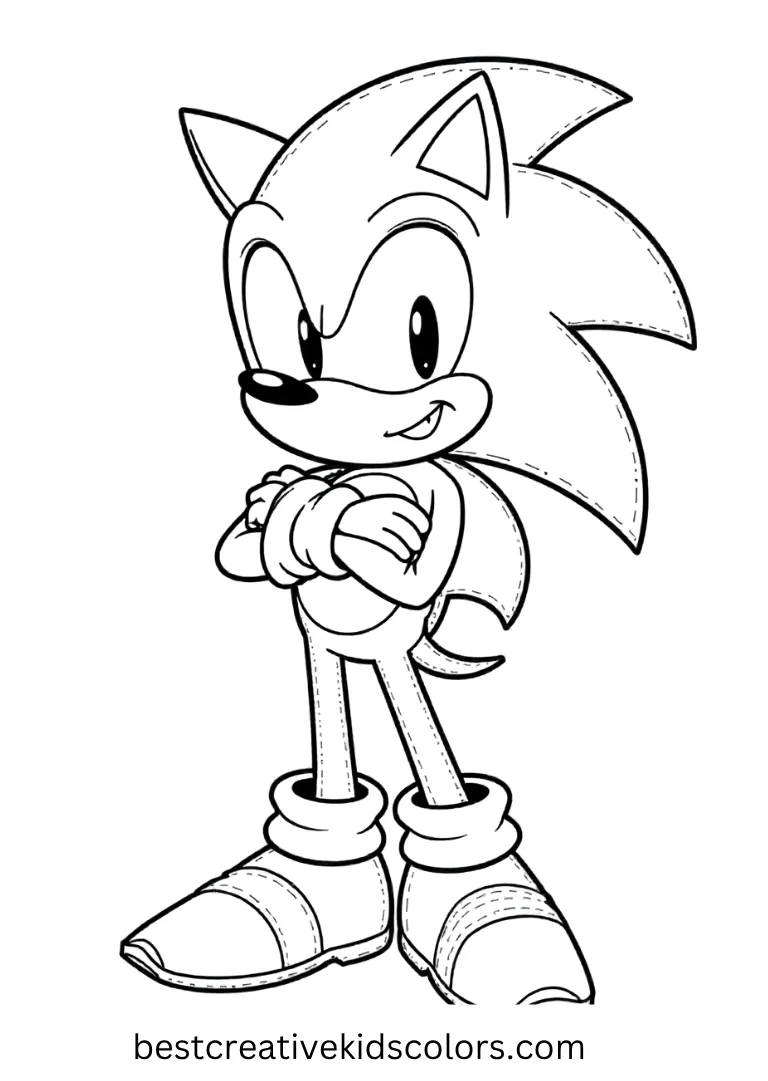 Sonic stands tall with arms crossed, easy for young kids to color.