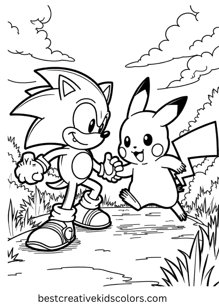 Sonic Teams Up with Pikachu Fun Coloring Page
