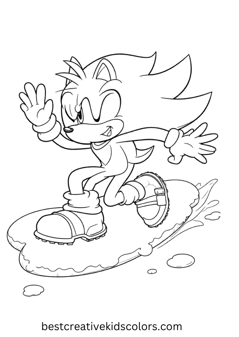 Amy waves as Sonic slides over ice, both enjoying winter’s sparkle.