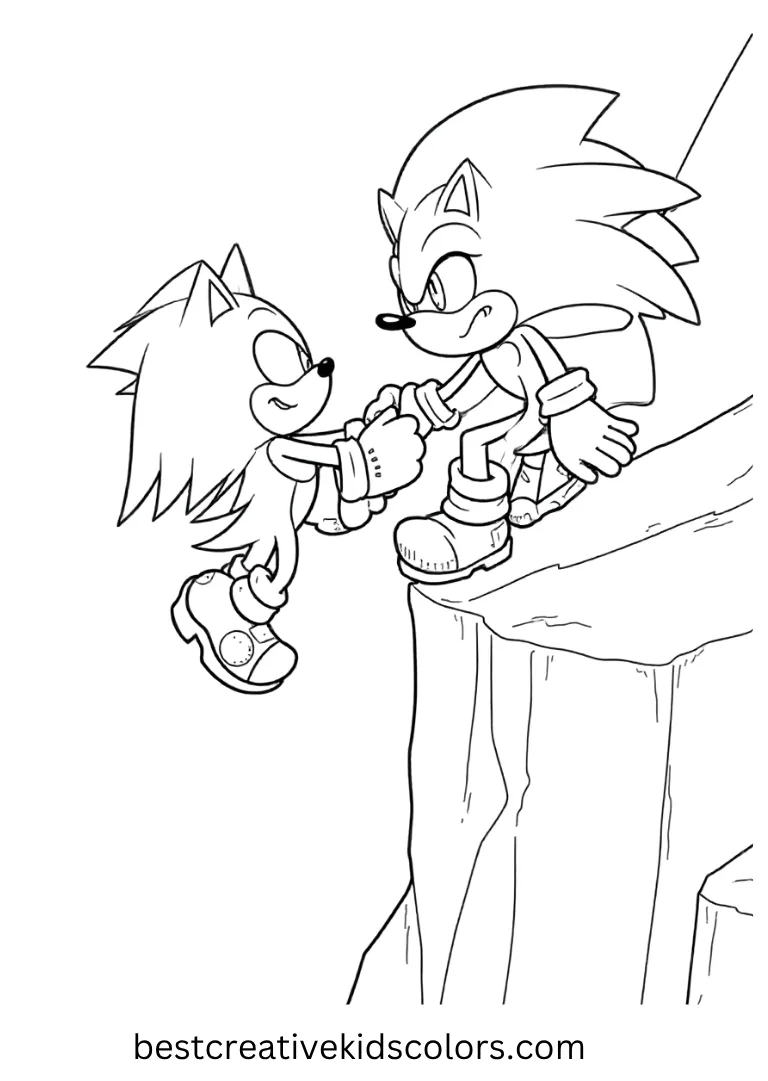 Knuckles helps Sonic climb a tall cliff, showing teamwork and trust.