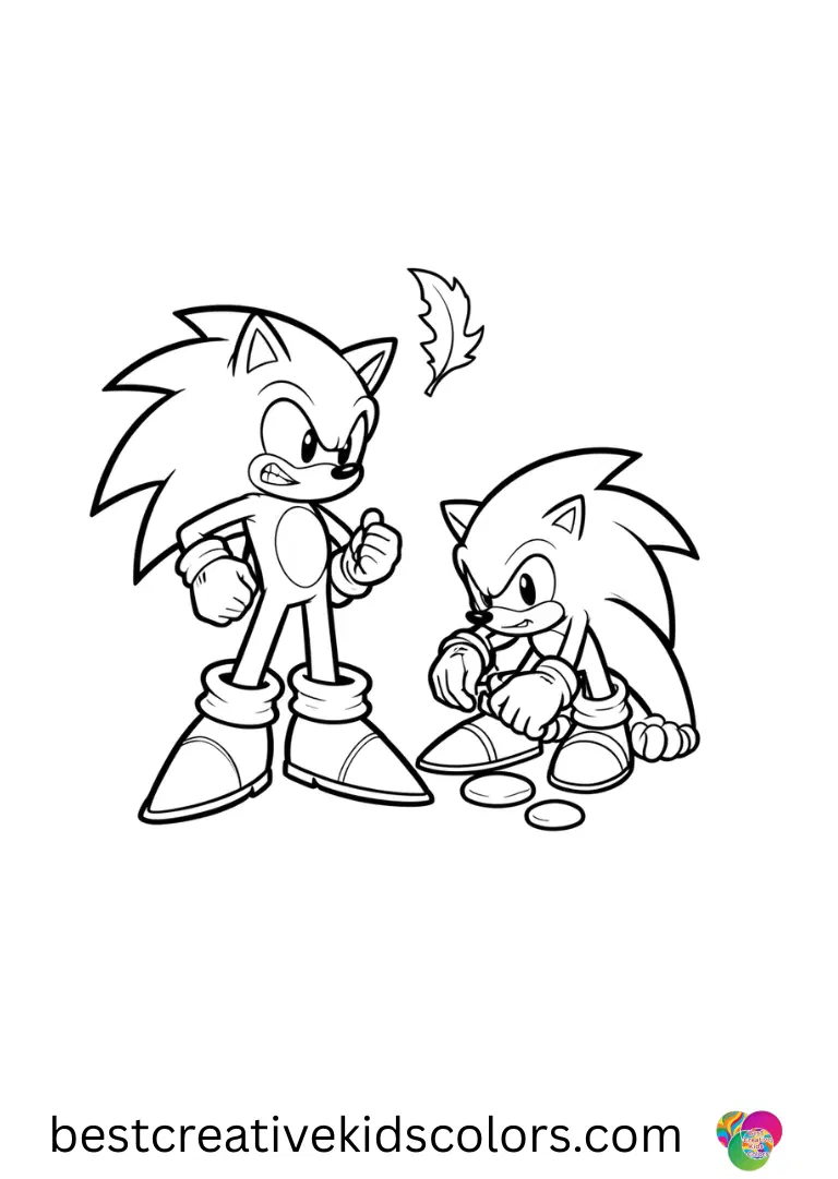 Sonic and Shadow Coloring pages shows Sonic spinning a leaf while Shadow arranges stones nearby.