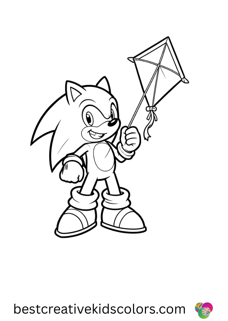 Sonic coloring book PDF features Sonic building a small kite while smiling.