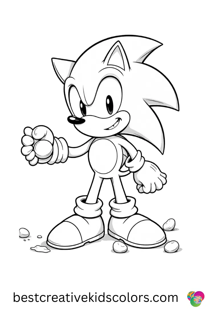 Sonic colouring PDF has Sonic spinning small pebbles in the air while smiling.