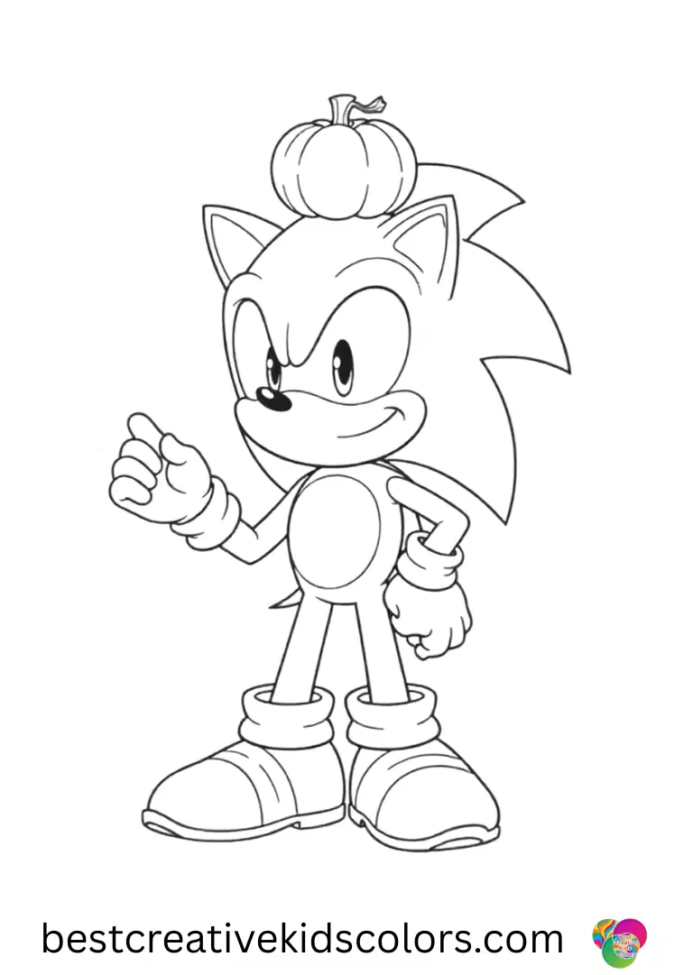 Sonic colouring pages free for kids depicts Sonic balancing a small pumpkin on his head.