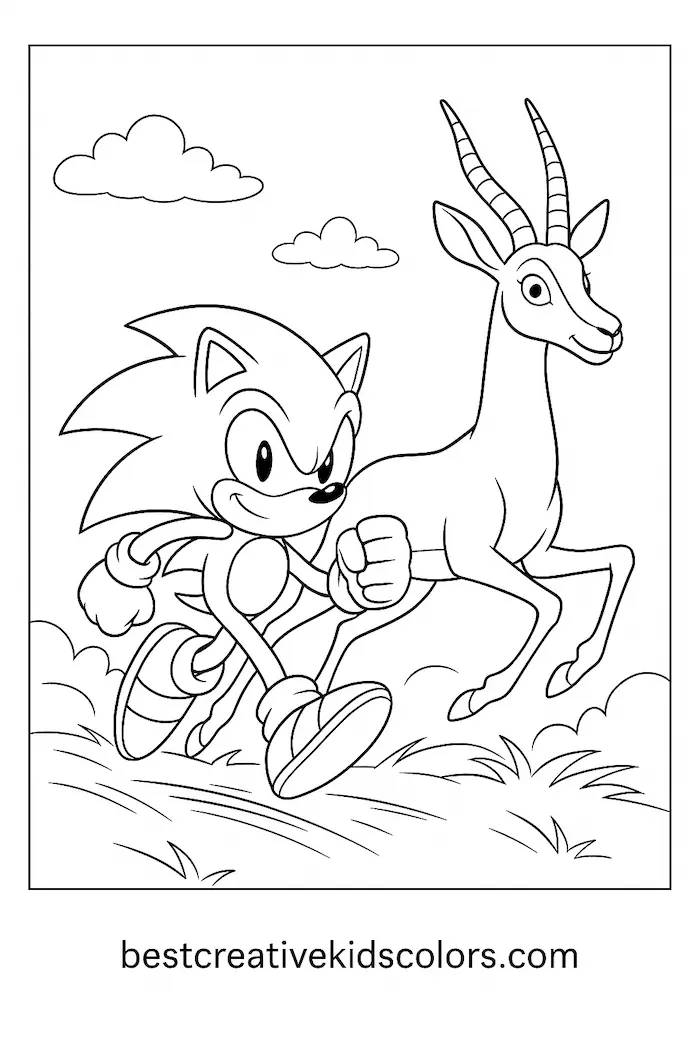 Sonic the Hedgehog Coloring Page – Racing with a Gazelle