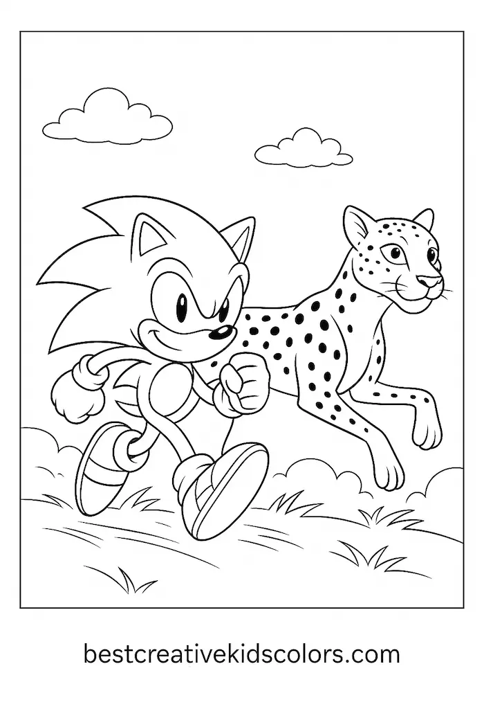 Sonic the Hedgehog coloring page with a speedy cheetah