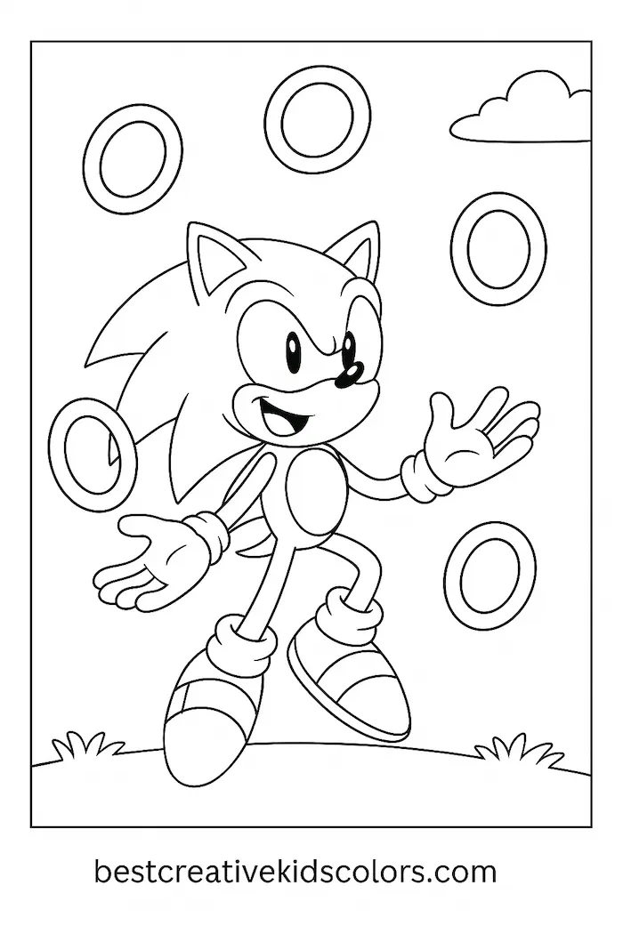 Sonic the Hedgehog juggling rings coloring page for kids